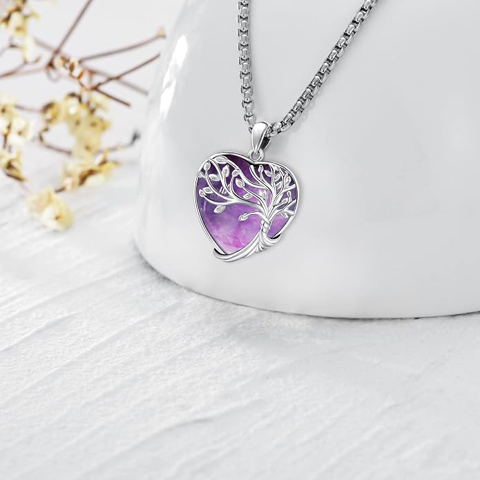 Turquoise/Amethyst/Moonstone/Black Onyx Tree of Life Necklace for Women Hummingbird Necklaces White Gold Plated Copper Jewelry