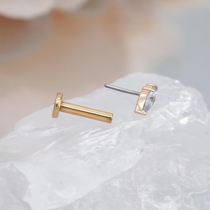 14K Yellow/White Gold Cartilage Earring Stud 1 Pcs, 6mm 8mm 16G Threadless Flat Back Earrings, Push in Tragus Earrings Threadless Labret Stud