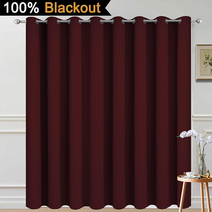 Yakamok Burgundy Red Blackout Patio Door Curtain Panels W100 x L96,1 Panel | Noise Reducing Barrier Panel for Sliding Glass Door, 2 Thick Layers Heat Full Light Blocking Patio Door Drapery