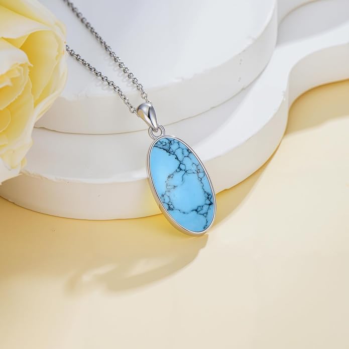 925 Sterling Silver Oval Moonstone/Turquoise Pendant Necklace, Dainty Necklace Jewelry Gifts for Women, with 18+2inch Chain