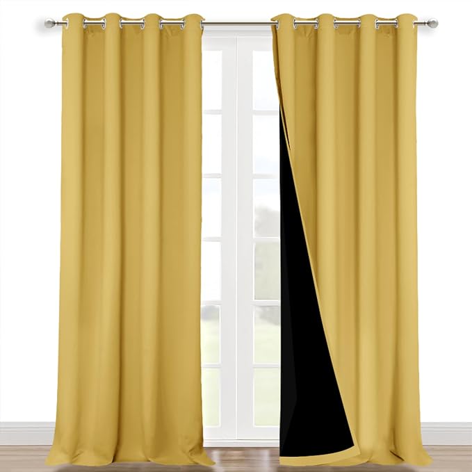 NICETOWN 100% Blackout Blinds, Laundry Room Decor Window Treatment Curtains for Large Patio Sliding Door, Thermal Insulated Bright Yellow Curtains for Bedroom, Set of 2, 52 inches x 108 inches