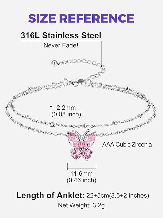 Richsteel Double Layer Heart/Butterfly Birthstone Anklet for Women Non Tarnish Waterproof, Silver/Gold/Black Stainless Steel 8.5-10.5 Inch Adjustable Chain Anklets Jewelry Gifts for Her
