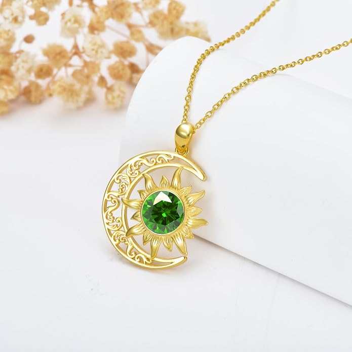 Crescent Moon Necklace for Women 18K Gold Plated Silver Moon and Sun Pendant with Gemstone Dainty Birthstone Jewelry Pendant Necklace for her