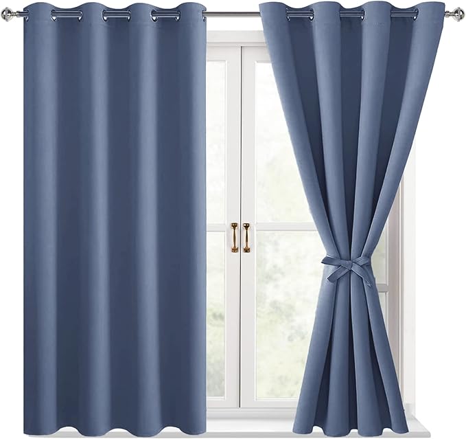 Hiasan Blackout Curtains for Bedroom - Thermal Insulated & Energy Saving Window Curtains for Living Room/Kids Room, 2 Drape Panels Sewn with Tiebacks, Blue Haze, 52 x 54 Inch