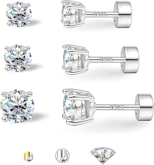 3 Pairs Moissanite Earrings Set for Women Men Dainty Flat Back Earrings Hypoallergenic Cartilage Piercing Jewelry Gifts
