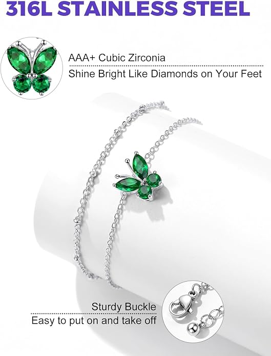 Richsteel Double Layer Heart/Butterfly Birthstone Anklet for Women Non Tarnish Waterproof, Silver/Gold/Black Stainless Steel 8.5-10.5 Inch Adjustable Chain Anklets Jewelry Gifts for Her