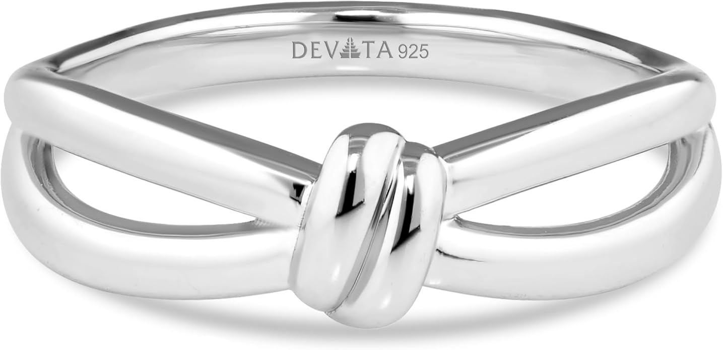 DEVATA Gold or Rhodium Plated Sterling Silver 925 – Eternity, Band Ring for Women – Heart, Knot, Clover, Infinity, Mariner, Cable, Curb, Cuban, Figaro, Daisy, Rope, Ribbed, Dome