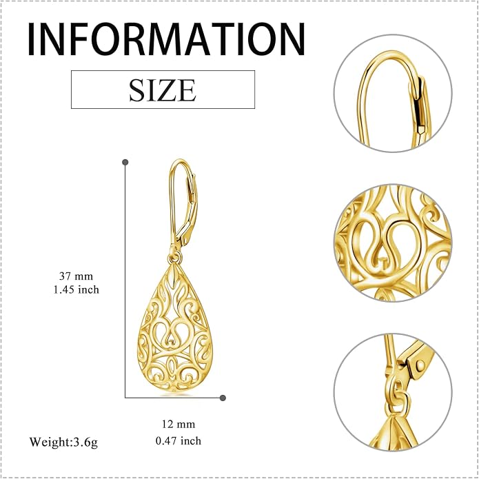 VONALA Filigree Teardrop Earrings for Women Sterling Silver Filigree Teardrop Dangle Earrings Filigree Leverback Earrings for Women Birthday Gift
