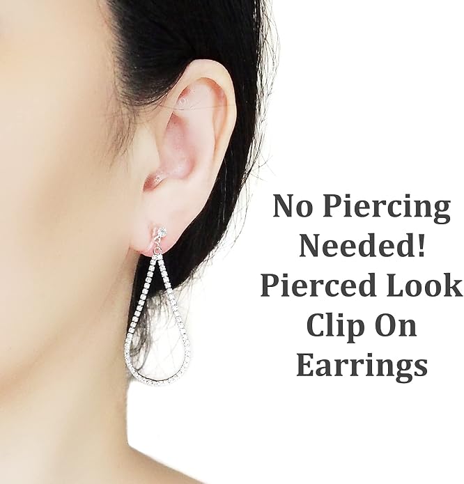 Dangle Silver Invisible Clip On Earrings for Women Not Pierced Gold Crystal Rhinestone Comfortable Hoop Fringe Long Chain Clip On Earrings
