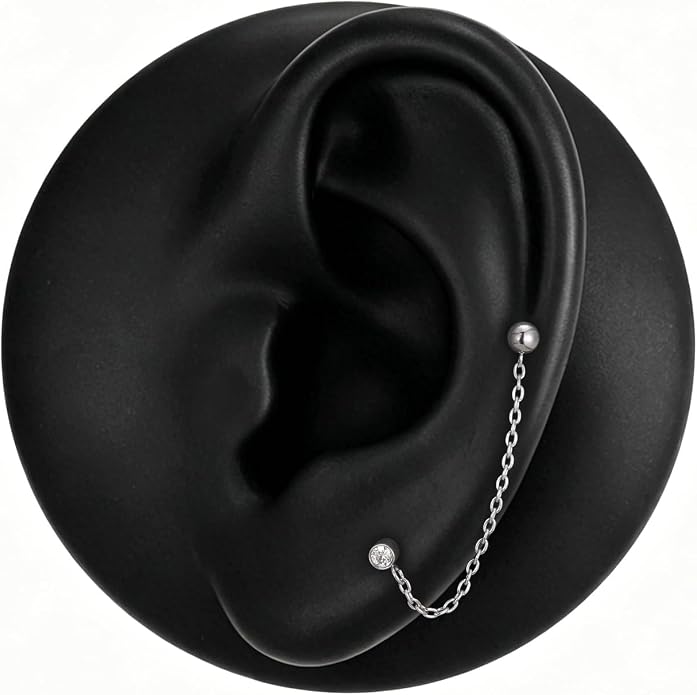 1 Pair ASTM F136 Titanium Double Piercing Dangle Earrings, Cubic Zirconia Dainty Chain Earrings for Helix Conch Earlobe