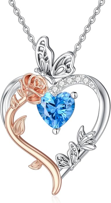 TOUPOP Rose Heart Birthstone Necklace 925 Sterling Silver Heart Butterfly Pendant Love Jewelry Birthday Gifts for Women Wife Mom Her