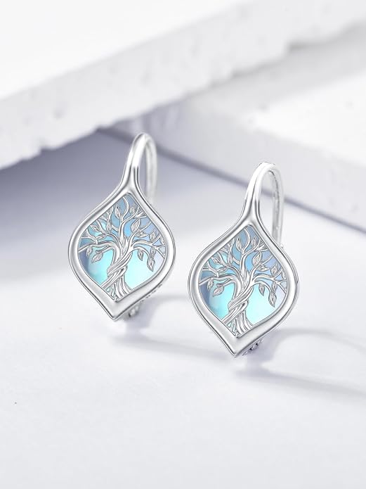 WINNICACA Leverback Earrings for Women 925 Sterling Silver Tree of Life Earrings Dangle Drop Turquoise Moonstone Moss Agate Heart Jewelry Gifts for Women Her Wife Anniversary Birthday Gifts