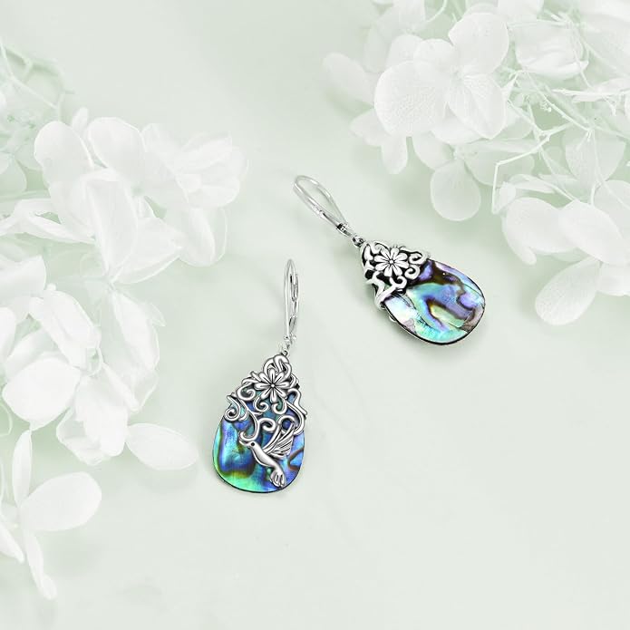 POPLYKE Dragonfly Butterfly Hummingbird Sunflower Earrings 925 Sterling Silver Abalone Shell Moonstone Leverback Earrings Jewelry