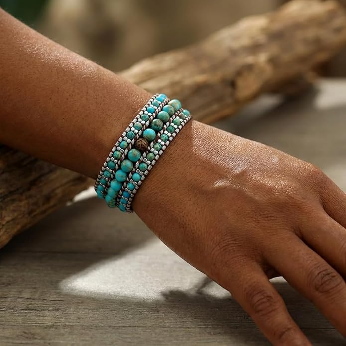 YGLINE Boho Handmade Natural Stone Bead 3 Row Wide Wrap Wrist Statment Bracelet Jewelry Collection