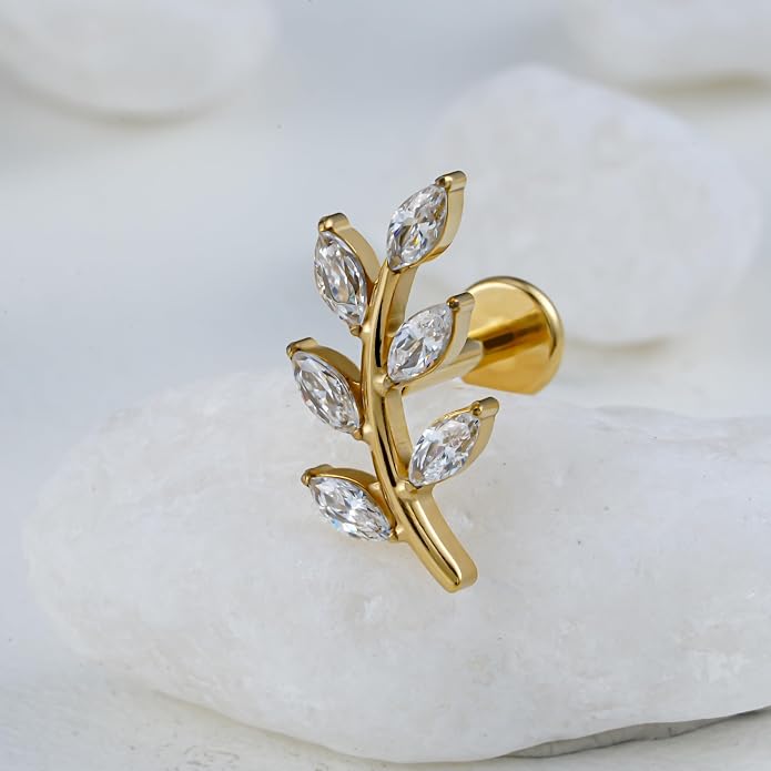 FINE4U 1PC Leaf Flat Back Stud Flat, Helix, Conch, Tragus 6mm 8mm - ASTM F136 Titanium Screw on Body Piercing Jewelry