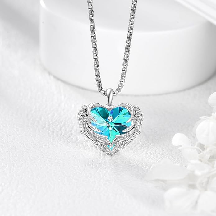 Angel Wings Necklace for Women 925 Sterling Silver Birthstone Guardian Necklace Jewelry Angel Wings Moonstone, Crystal Pendant Jewelry Gifts