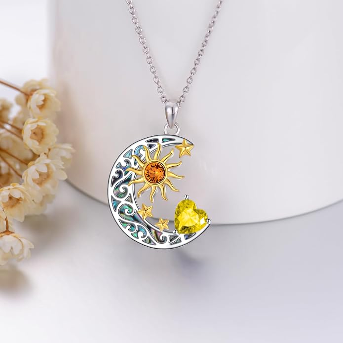 AOBOCO 925 Sterling Silver Sun and Moon Star Pendant Necklace with Simulated Birthstone, Birthday Christmas Jewelry Gift for Women Teen Girls