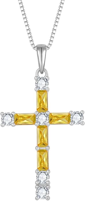 Birthstone Cross Necklace for Women 925 Sterling Silver Christian Religious Crucifix Pendant Rectangular Cut Birthstone Jewelry Gifts for Her