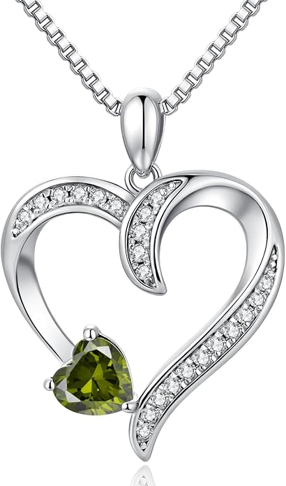 Love Heart Necklace for Women, 925 Sterling Silver Cubic Zirconia Birthstone Heart Pendant Jewelry Gift for Mom, Mother, Wife, Girlfriend on Birthday, Mother's Day, Chain 18 inch
