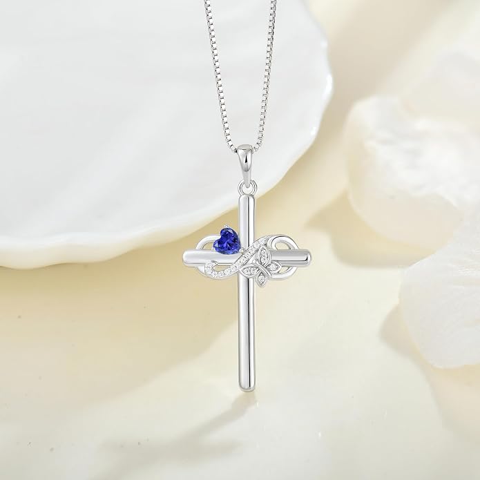 Infinity Butterfly Cross Necklace for Women 925 Sterling Silver Christian Religious Crucifix Pendant Birthstone Jewelry Gifts for Her