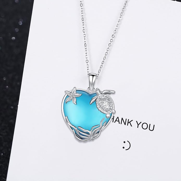 Sea Turtle/Seaweed Necklace for Women 925 Sterling Silver Heart of the Ocean Moonstone Pendant Necklace Turtle Moonstone Jewelry Gift for Wife Mom