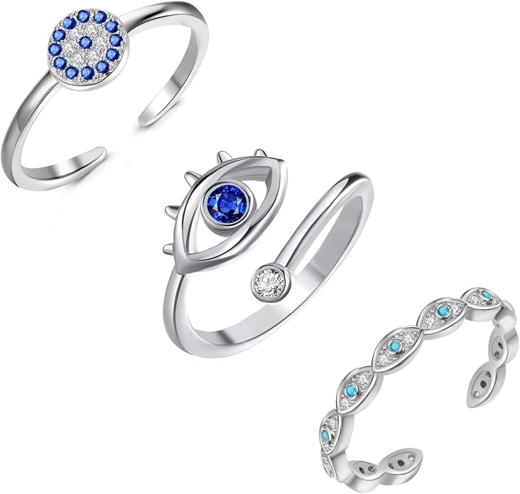 Lit Wall 3Pcs Evil Eye Rings for Women 18K Gold Plated Cubic Zirconia Open Ring Set Adjustable Eye Ring for Women