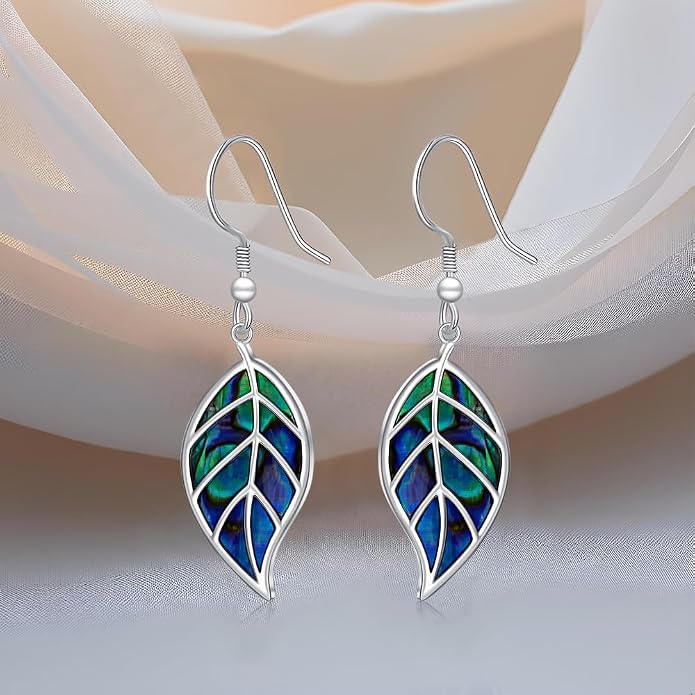 Leaf Earrings for Women Sterling Silver Opal Dangle Earrings Nature Green Blue Opal Drop Leaf Abalone Shell Jewelry Gifts