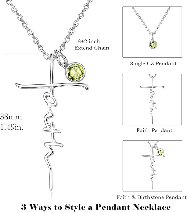 PRAYMOS Faith Cross Necklace for Women 925 Sterling Silver Pendant Necklace With Birthstone Initial Christian Religious Confirmation Baptism Mothers Day Gifts