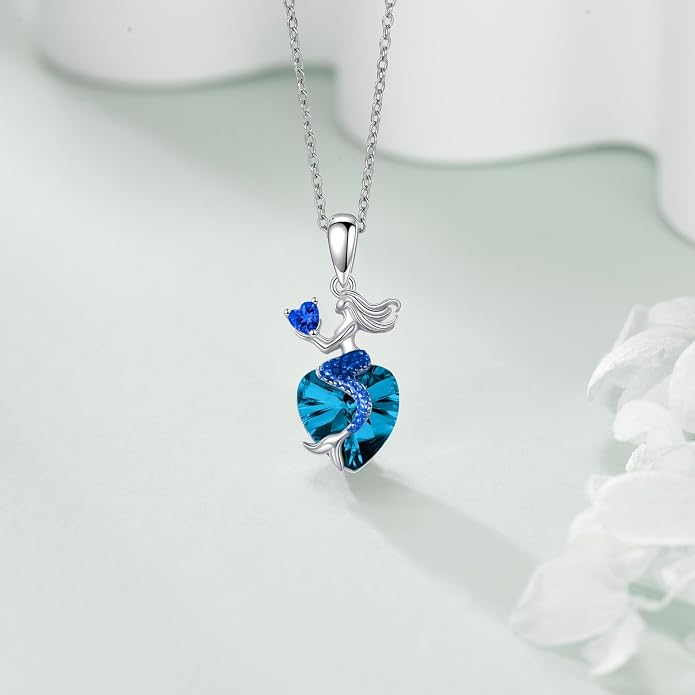 Mermaid Birthstone Necklace for Women 925 Sterling Silver Jewelry Austrian Crystal Pendant Christmas Gifts for Her