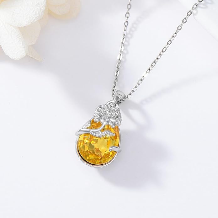 925 Sterling Silver Birth Flower Necklace with Teardrop Shaped Birthstone - 12 Colors, 12 Kinds of Flower - Ideal Birthday Jewelry Gift for Women, Mothers, Daughters & Wives
