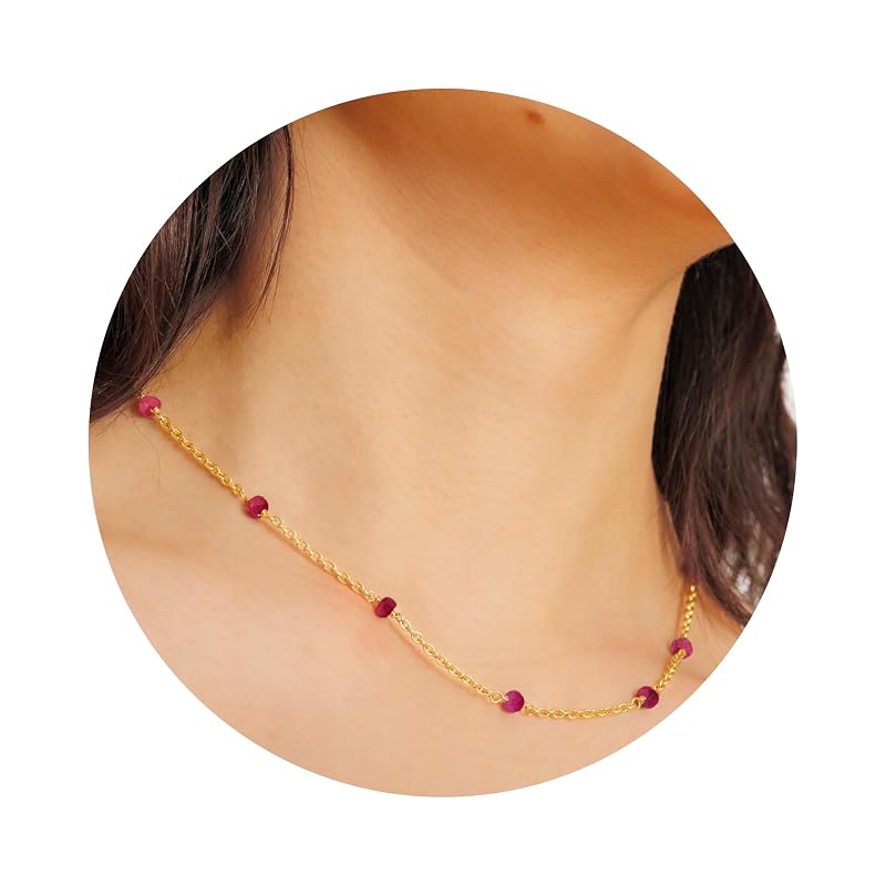 Ruby Necklace for Women, Premium Beaded Gold Necklaces for Women - Tarnish Free 18K Gold Vermeil Certified S925 Classic Statement Necklace Gold Jewelry for Women - Mothers Day Gifts for Mom Wife