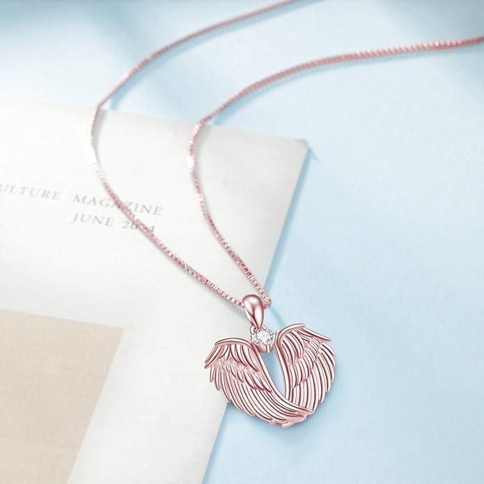 YFN Angel Wings Necklace 925 Sterling Silver Guardian Angel Wings Pendant Necklace Birthstone Necklace for Women Girls Christmas Jewelry Gifts