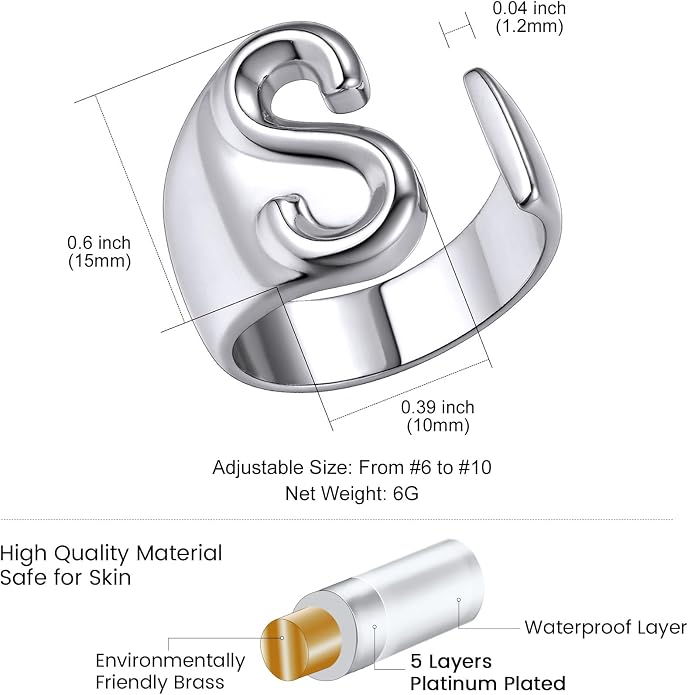 KeyStyle Bold Initial Letter Rings Adjustable, GoldChic Jewelry Women Gold Statement Ring Personalized Engraved Women’s Open Signet Ring for Party (Gold, White Gold, Black)
