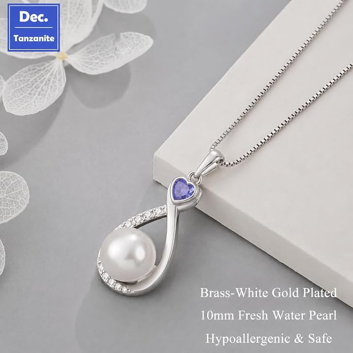 Heart Birthstone Pearl Pendant Necklace, 925 Sterling Silver Infinity Necklace with 10mm Freshwater Cultured Pearl & 4mm Gemstone Jewelry for Women