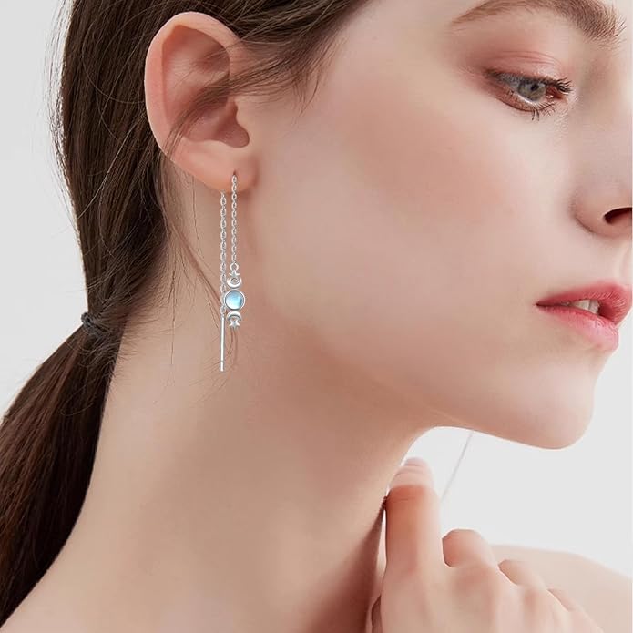 Triple Moon Goddess Earrings 925 Sterling Silver Threader Earrings Drop Dangle Moonstone Earrings with Long Chain Birthday Jewelry Gifts for Women