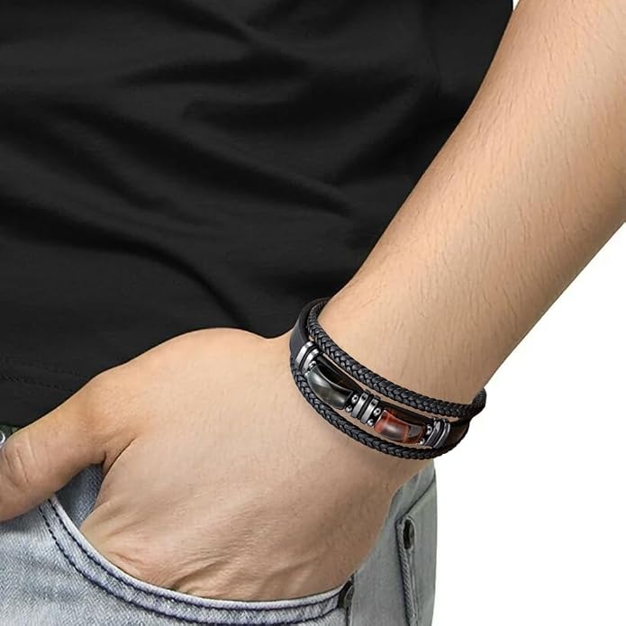 Mens Leather Bracelet Natural Tiger Eye Protection Multilayer Braided Wristband Bangle Gifts for Him
