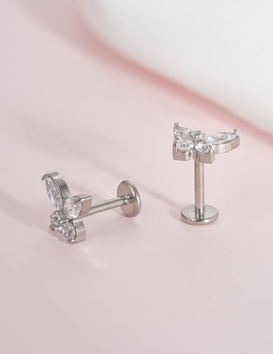 Limerencia 2Pcs 18g Titanium Internally Threaded Tragus Piercing Jewelry Nose Studs Flat Back Earrings Labret, Lip, Helix, Cartilage, Conch, Medusa Piercing for Women Men Sensitive Ears