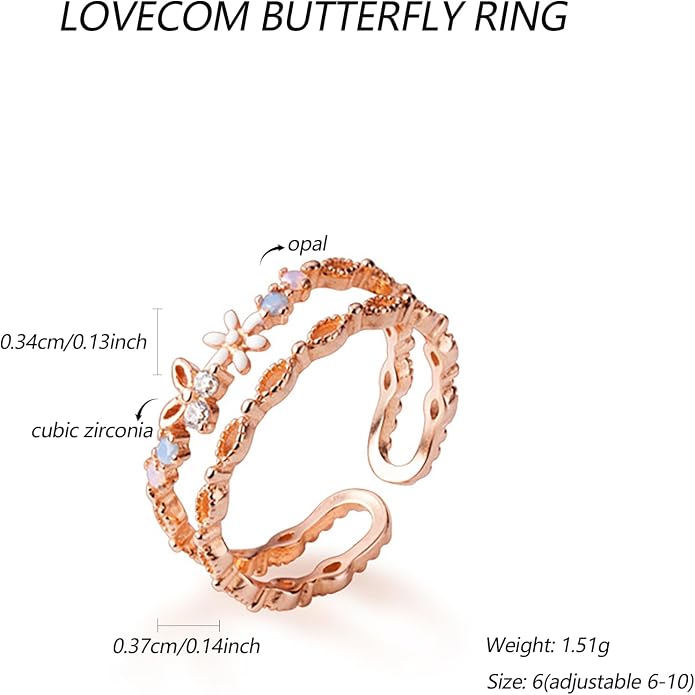 LOVECOM 925 Sterling Silver Butterfly Daisy Flower Rings for Women Mothers Self Love Ring for Myself Adjustable Gold Layered Colorful Opal Cubic Zirconia Stackable Ring Jewelry Gifts to Daughter