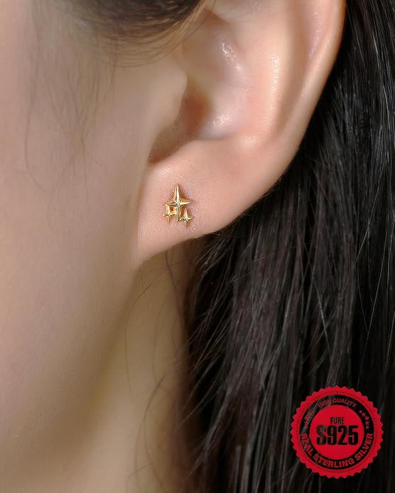 925 Sterling Silver Star Flat Back Cartilage Earrings Helix Tragus Conch Studs Hypoallergenic Internally Threaded Pair Minimalist Labret Lip Nose Ear Piercing Jewelry