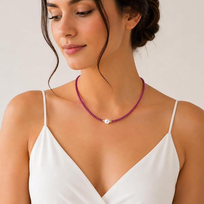 InfinityGemsArt Gemstone Gold Necklace For Women, Birthstone Natural Crystal Stone With Freshwater Pearl Beaded Jewelry, Gold Plated 18 Inch Chain