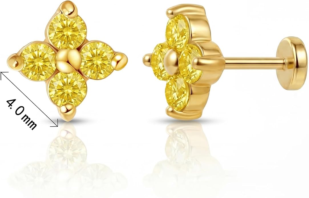 FANSING Short Threadless Cartilage Earring Stackable CZ Birthstone Flat Back Earrings for Women Small Stud Earrings for Tragus Helix Earlobe 18K Gold Plated ‌Rainbow 5.0mm