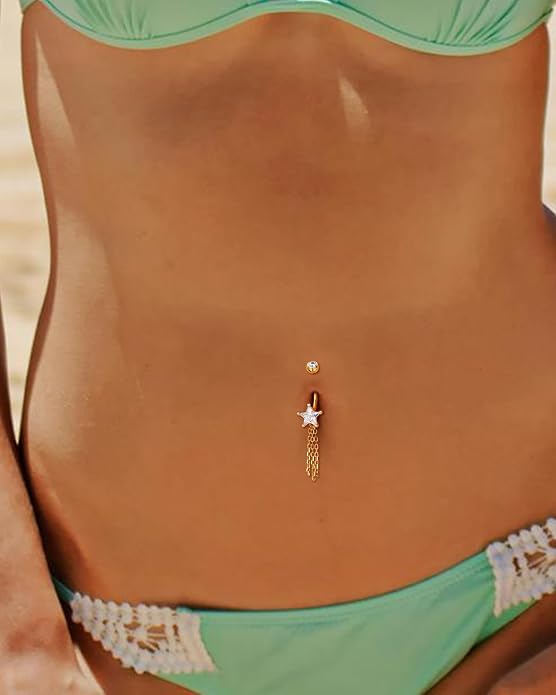 COCHARM 14K Gold Plated Belly Button Rings 925 Sterling Silver Belly Navel Rings for Women Star Navel Piercing Jewelry