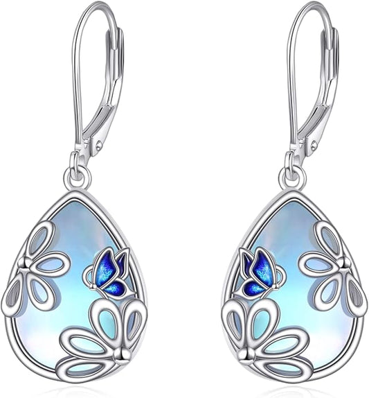 AOBOCO Teardrop Dangle Earrings for Women 925 Sterling Silver Moonstone Flower Filigree Leverback Jewelry Birthday