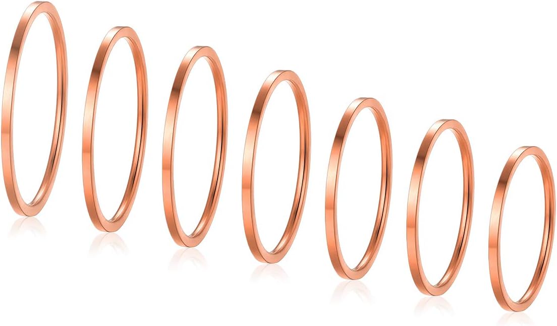 FOCALOOK 28 PCS Knuckle Ring Set 1MM Stainless Steel Women's Thin Plain Band Stacking Midi Finger Rings Set Comfort Fit Silver/Black/Gold/Rose Tone Size 4-10