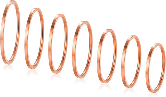 FOCALOOK 28 PCS Knuckle Ring Set 1MM Stainless Steel Women's Thin Plain Band Stacking Midi Finger Rings Set Comfort Fit Silver/Black/Gold/Rose Tone Size 4-10