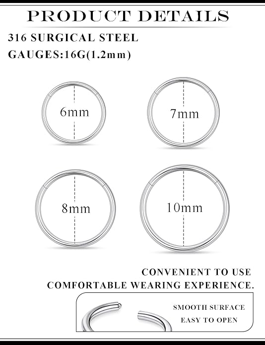 20G 18G 16G 14G 12G 10G 8G 6G Nose Rings Hoops 316l Surgical Steel Clicker Septum Lip Ring Tragus Helix Daith Rook Conch Snug Cartilage Lobe Earrings Hoop Piercing Jewelry For Women Men