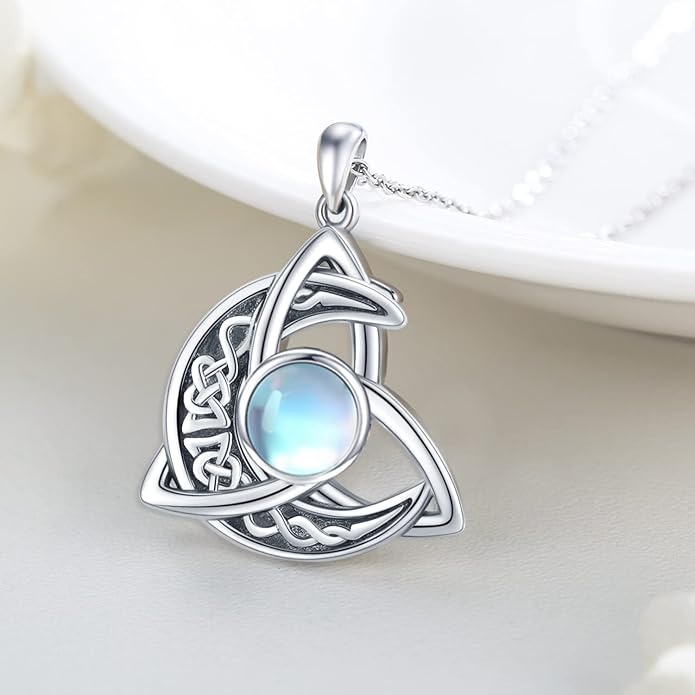 CHENGHONG Celtic Moon Necklace for Women 925 Sterling Silver Celtic Knot Moonstone Pendant Necklace Crescent Irish Necklaces Celtics Jewelry Gift for Women Men