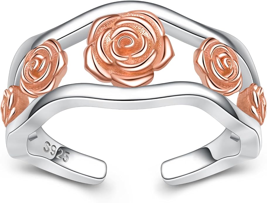 925 Sterling Silver Rose Toe Rings for Women Adjustable Rose Flower Toe Rings Open Toe Rings Summer Beach Foot Jewelry