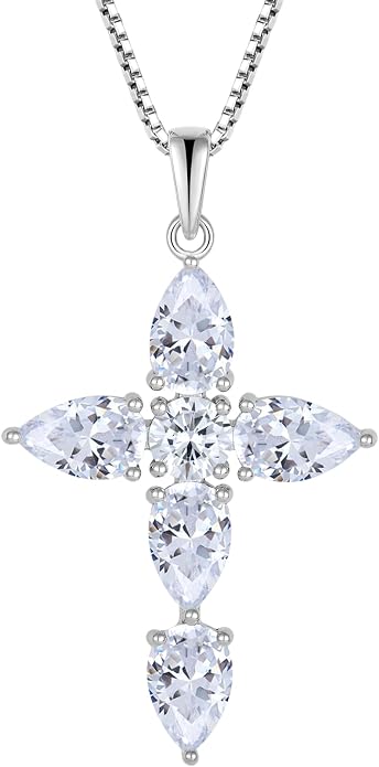 Cross Necklace for Women 925 Sterling Silver Teardrop Birthstone Pendant Religious Jewelry Gifts for Women