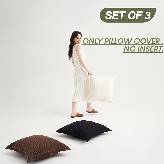 COCO TOP Classic Vintage Decorative Corduroy Large Throw Pillow Covers 24x24inch, Set of 3 Striped Big Pillow Cases for Sofa Couch Bedroom Living Room,Soft Cushions（Dark Brown, Black & White）